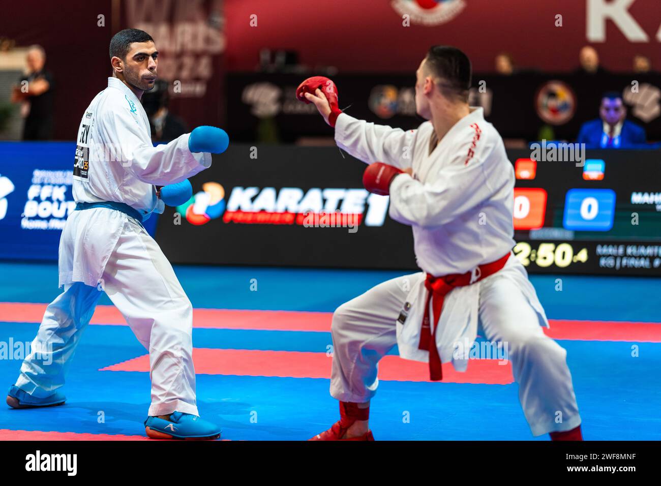 Anes BOSTANDZIC of Bosnia and Herzegovina and Tarek MAHMOUD TAHA of Egypt, Male Kumite 84  Kg Final, during the Paris Open Karate 2024, 2024 Karate 1-Premier League Paris on January 26, 2024 at Pierre de Coubertin stadium in Paris, France - Photo Alexandre Martins/DPPI Credit: DPPI Media/Alamy Live News Stock Photo