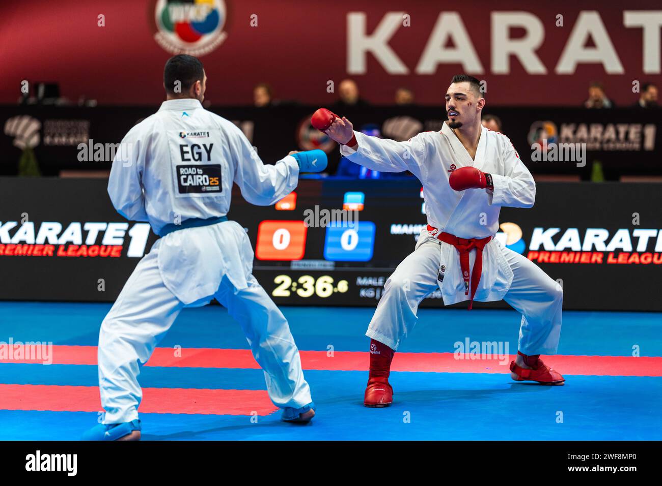 Anes BOSTANDZIC of Bosnia and Herzegovina and Tarek MAHMOUD TAHA of Egypt, Male Kumite 84  Kg Final, during the Paris Open Karate 2024, 2024 Karate 1-Premier League Paris on January 26, 2024 at Pierre de Coubertin stadium in Paris, France - Photo Alexandre Martins/DPPI Credit: DPPI Media/Alamy Live News Stock Photo