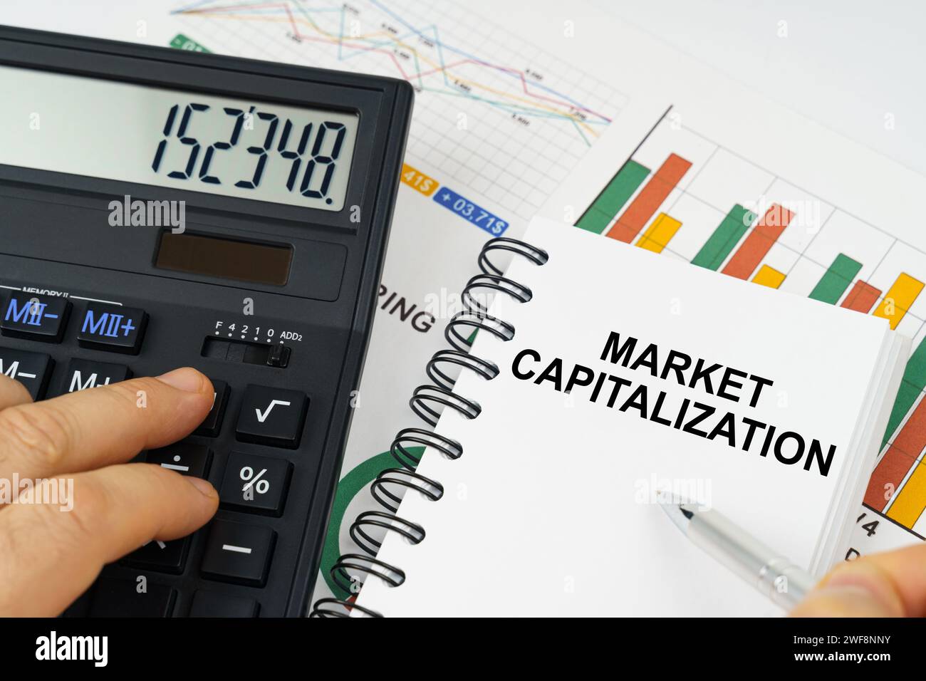 Business concept. On the table there is a calculator, reports with graphs and a notepad with the inscription - Market capitalization Stock Photo