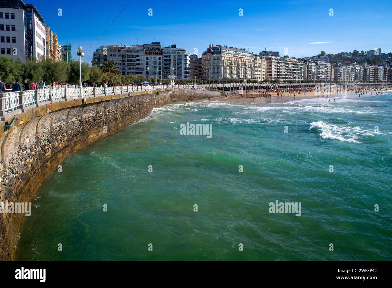 Seaside promenade, Playa de la Concha beach, Bahia de la Concha, San Sebastian, Donostia, Camino de la Costa, Camino del Norte, coastal route, Way of Stock Photo