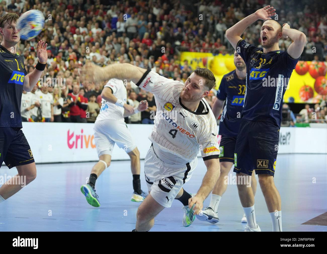 Cologne, Germany. 28th Jan, 2024. © Laurent Lairys/MAXPPP - Johannes Golla of Germany during the Men's EHF Euro 2024, Placement Match 3/4, handball match between Sweden and Germany on January 28, 2024 at Lanxess-Arena in Cologne, Germany - Photo Laurent Lairys/MAXPPP Credit: MAXPPP/Alamy Live News Stock Photo