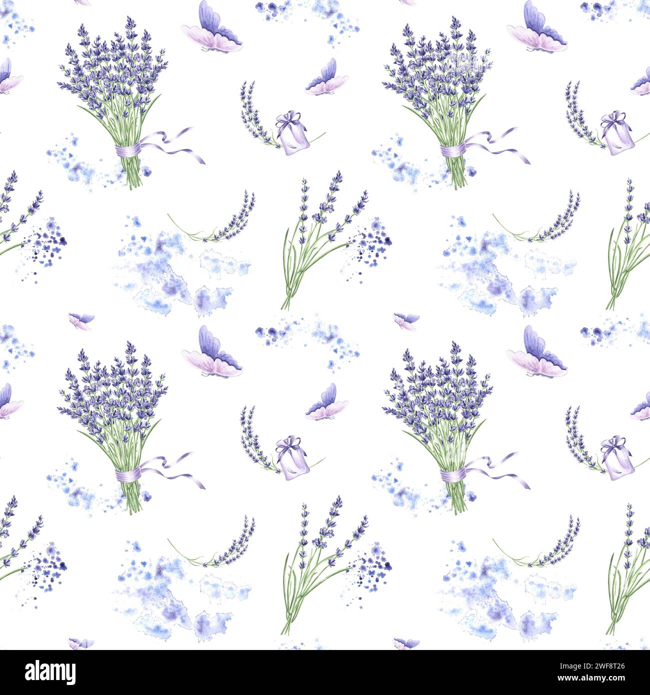Seamless pattern with bouquet of purple lavender flowers and butterfly ...
