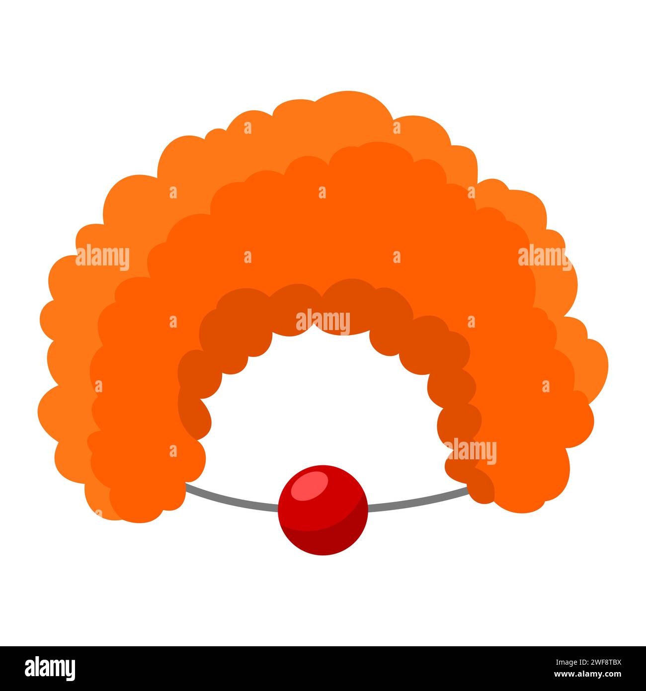 Clown orange curly wig and red nose with threads flat style. Children carnival costume, props for masquerade, holiday party. Photo booth prop. Vector Stock Vector