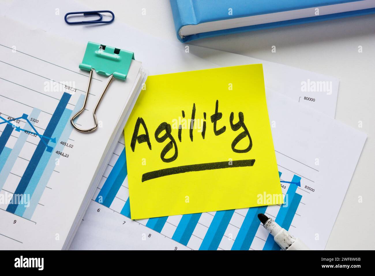 Stack of documents and sticker with inscription agility. Stock Photo