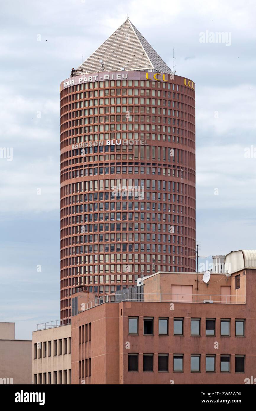 Lyon, France - June 10 2018: The Tour Part-Dieu (formerly Tour du Crédit Lyonnais, or Le Crayon) is a skyscraper in Lyon, France. The building is 164. Stock Photo