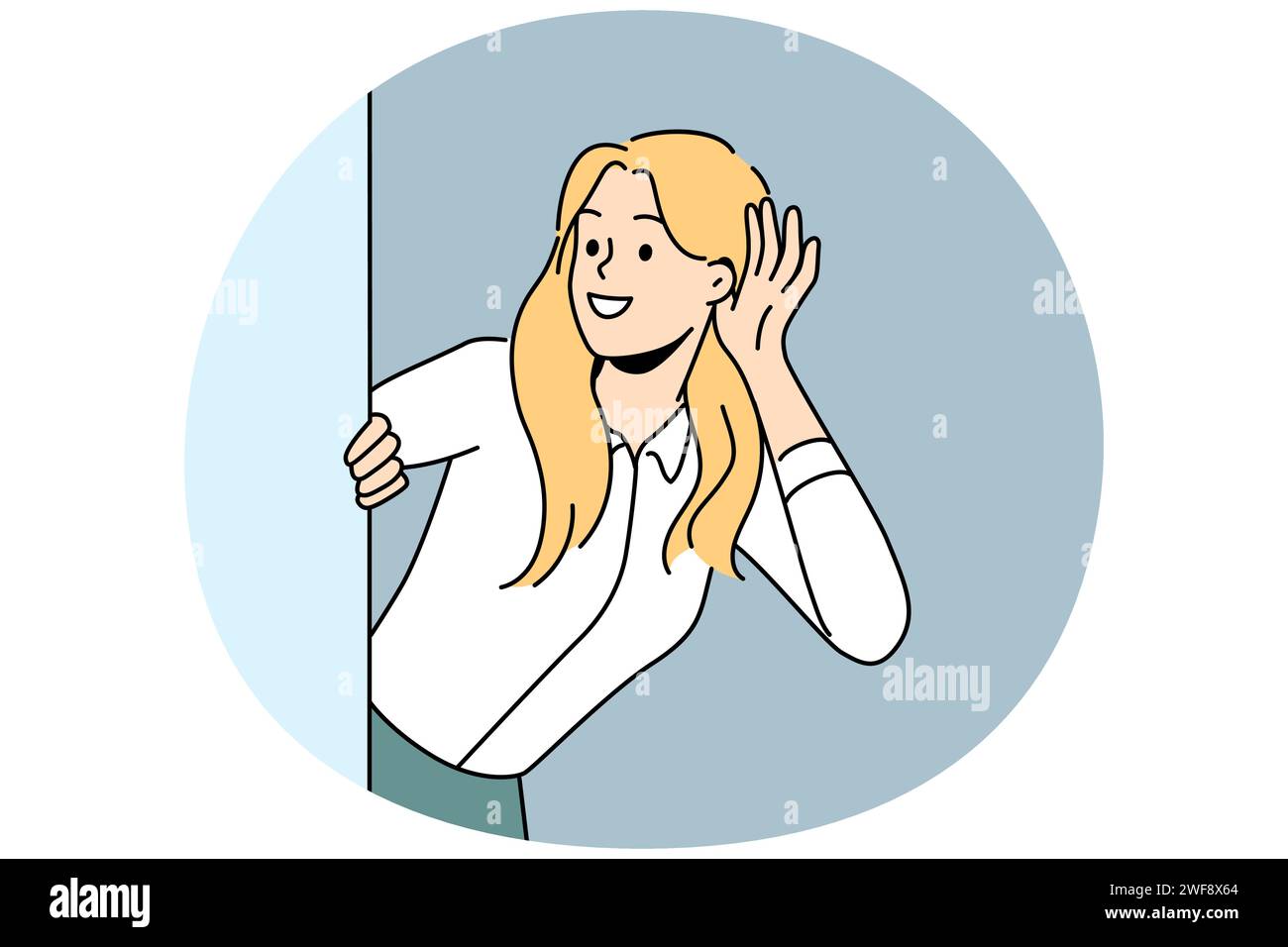 Smiling woman look behind wall listening to gossip or hearsay. Happy female make hand gesture hear hidden information or messages. Vector illustration. Stock Vector