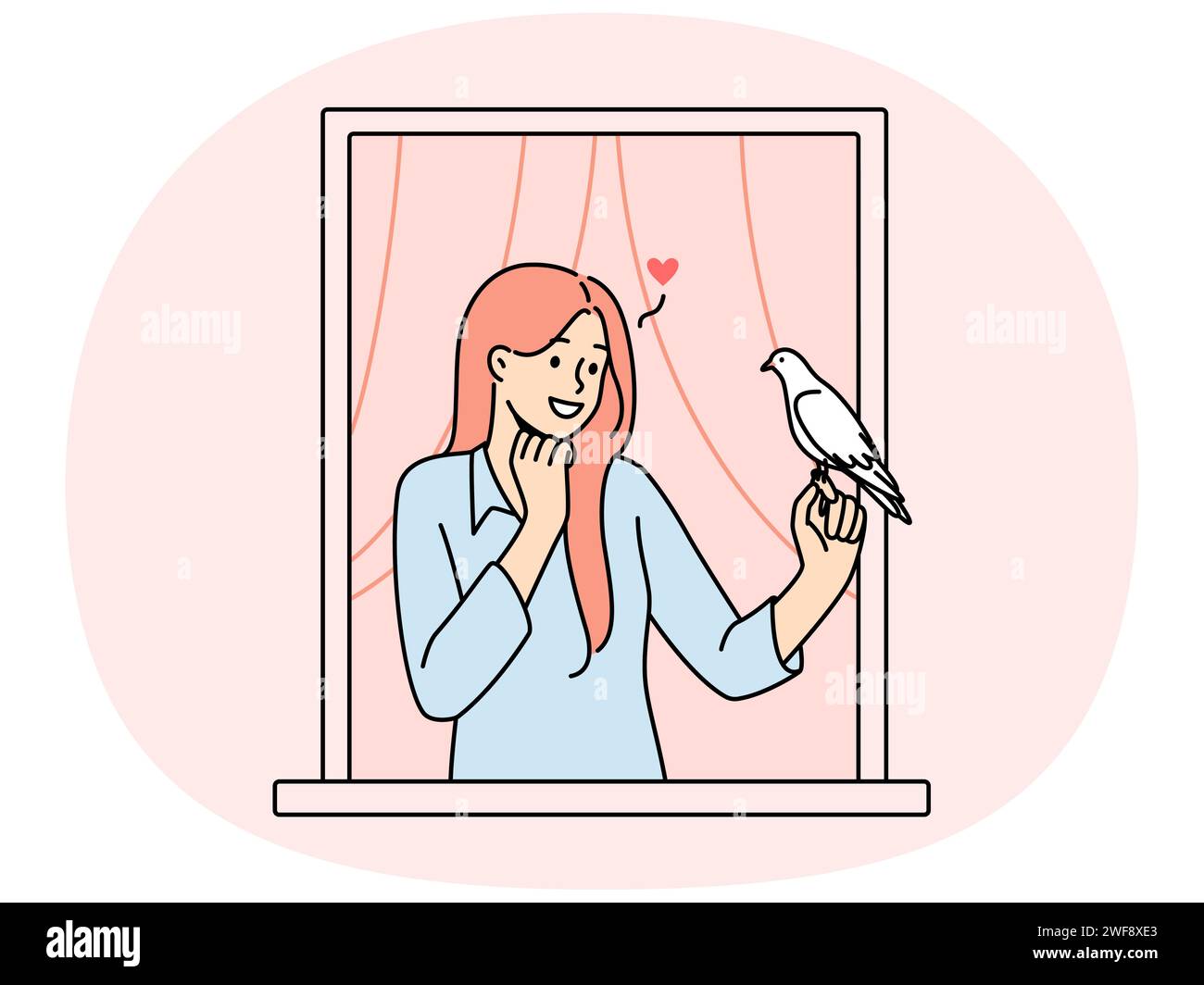 Smiling woman in house window holding pigeon in hands. Girl in love sending love letter with bird. Vector illustration. Stock Vector