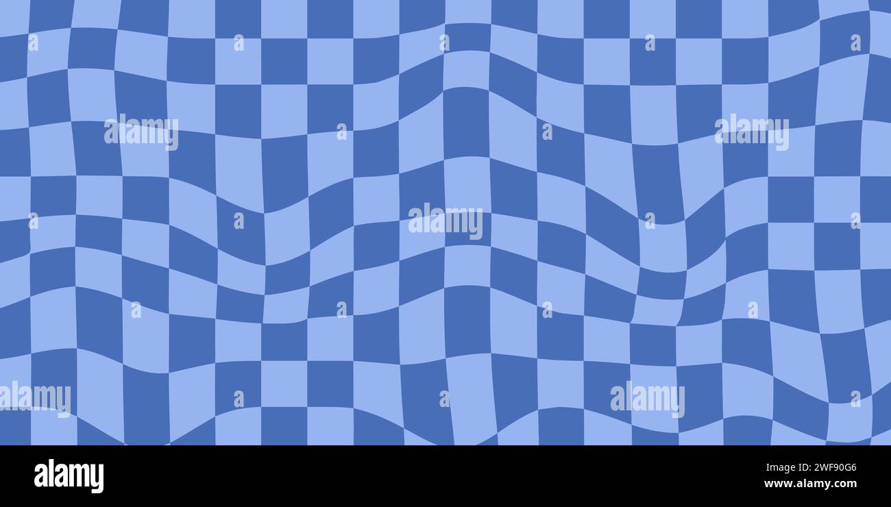 Retro Groovy Wavy Psychedelic Checkerboard Y2K Background. 60s 70s 90s Check Blue Color Backdrop Stock Vector
