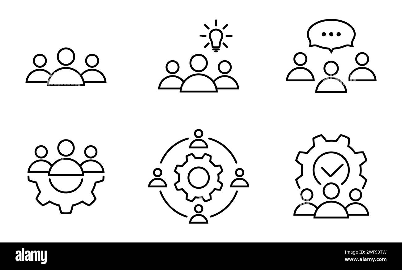 Successful teamwork project line icon set in flat. Creative, discussion and brainstorming symbols. Talking people and meeting signs. Simple abstract i Stock Vector
