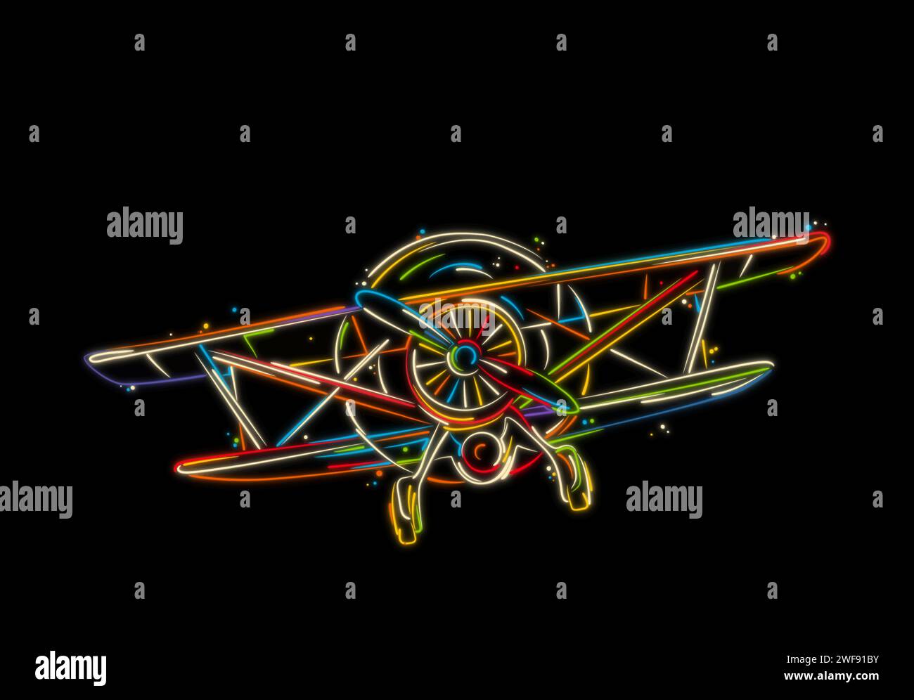Biplane front view sketch, stylized vector hand drawing in colors over black Stock Vector