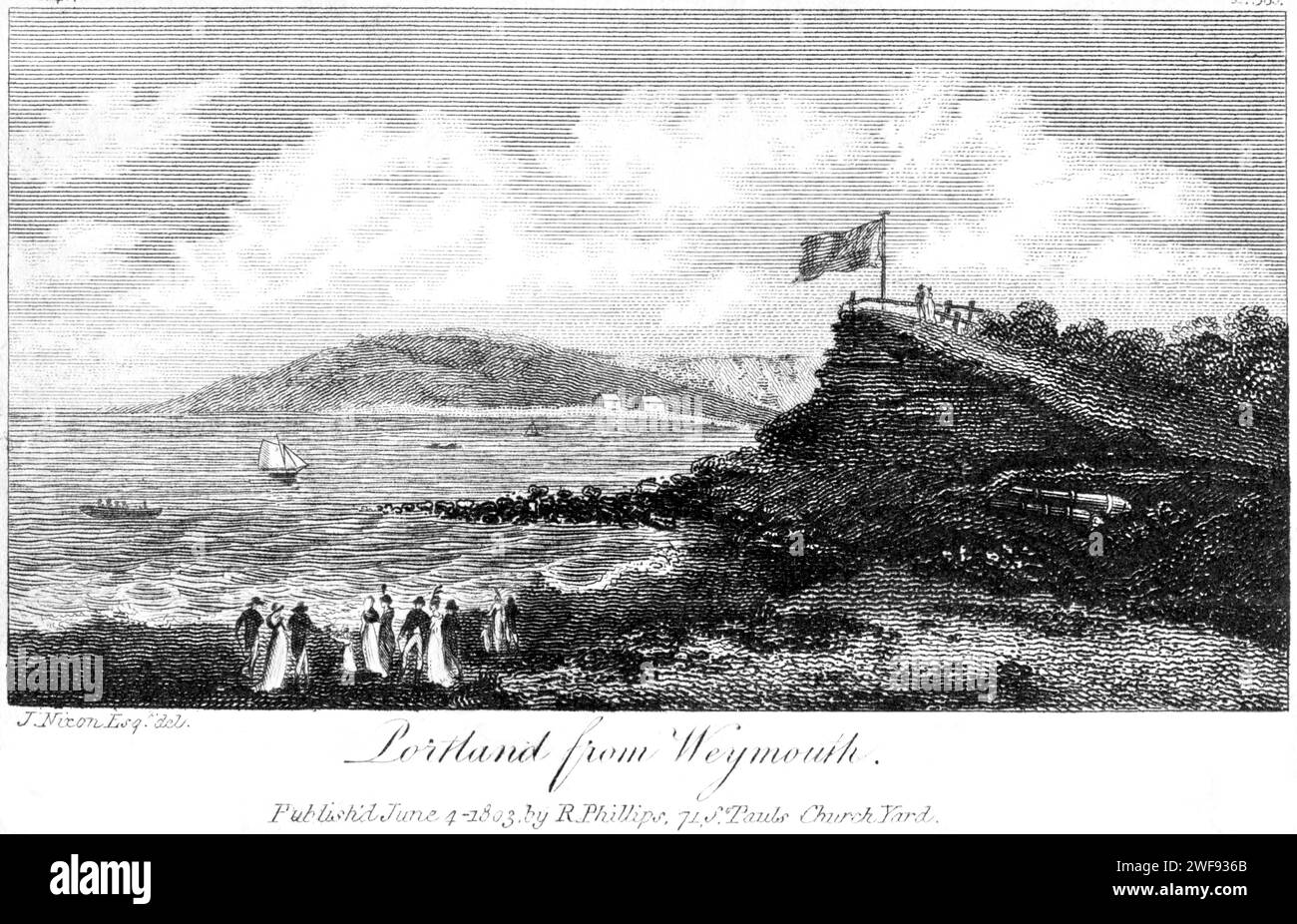 An engraving of Portland from Weymouth, Dorset UK scanned at high resolution from a book printed in 1806.Believed copyright free. Stock Photo