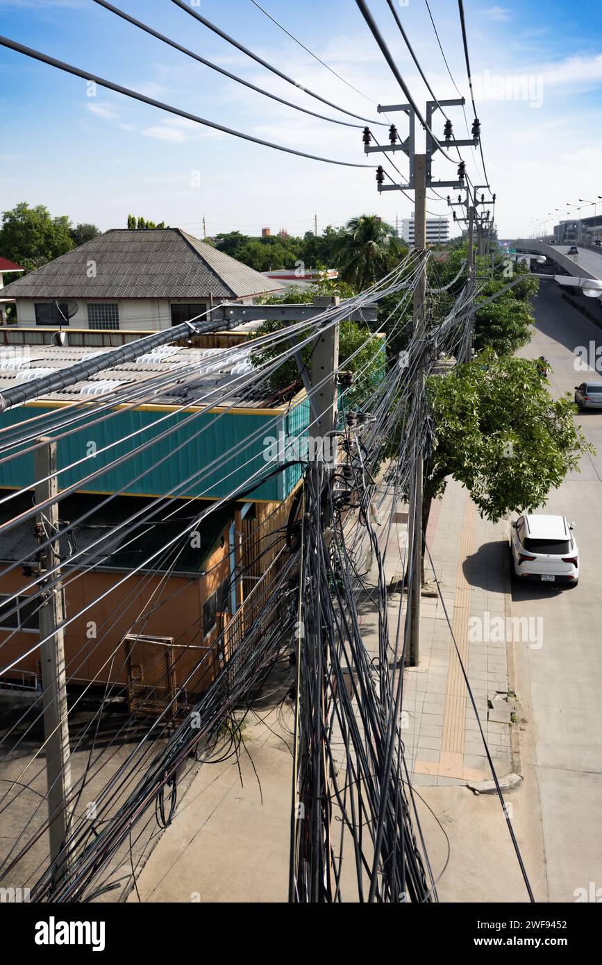 An aerial photograph capturing the extensive network of power lines ...