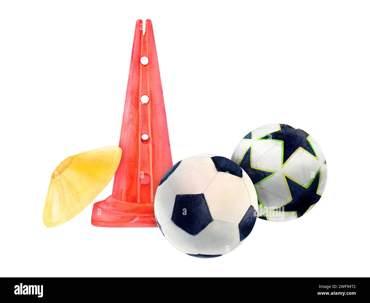 Soccer football cone watercolor drawing. Red yellow ball. Sports gear