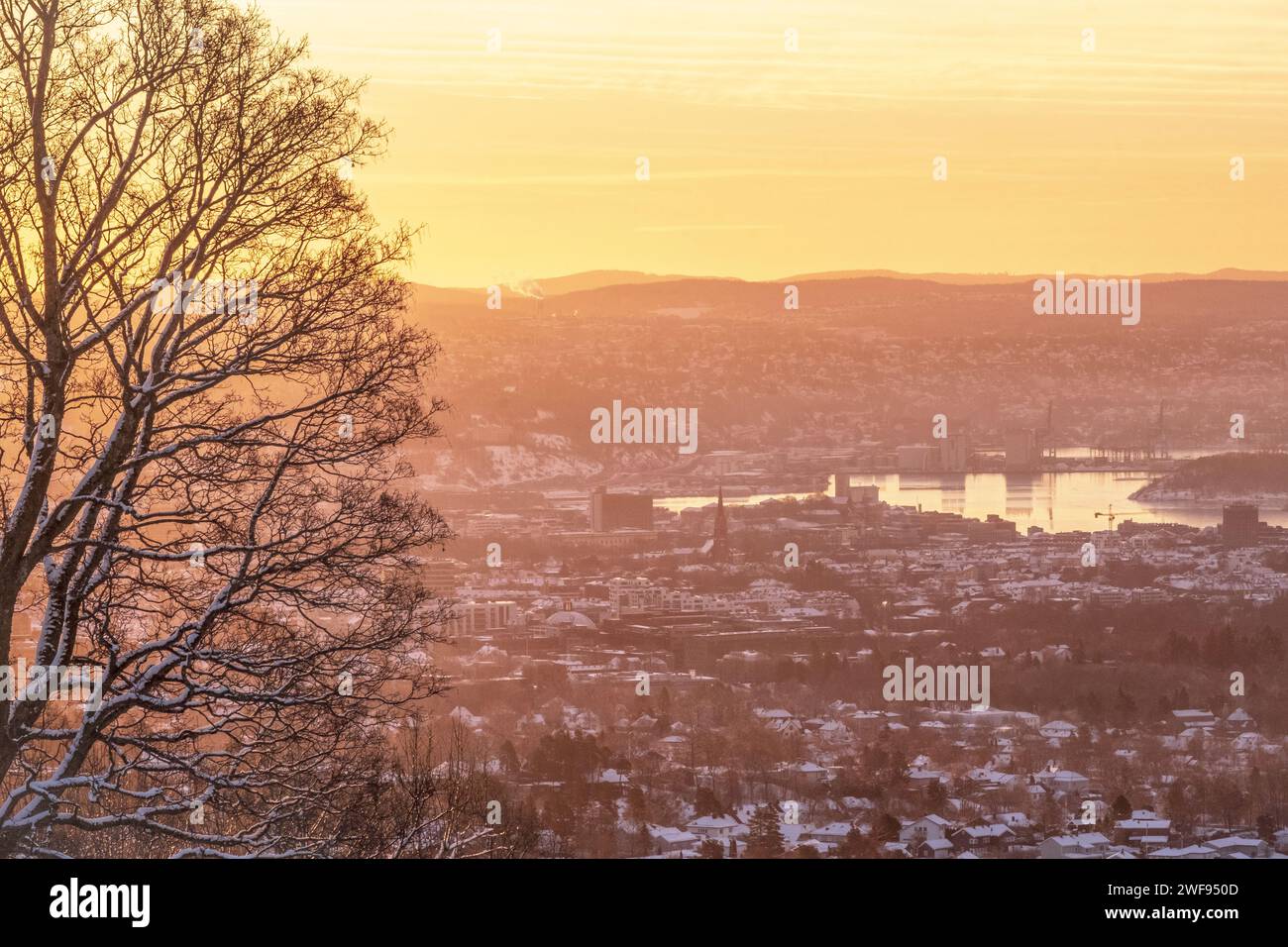 View over Oslo, Norway, at sunrise in the winter Stock Photo