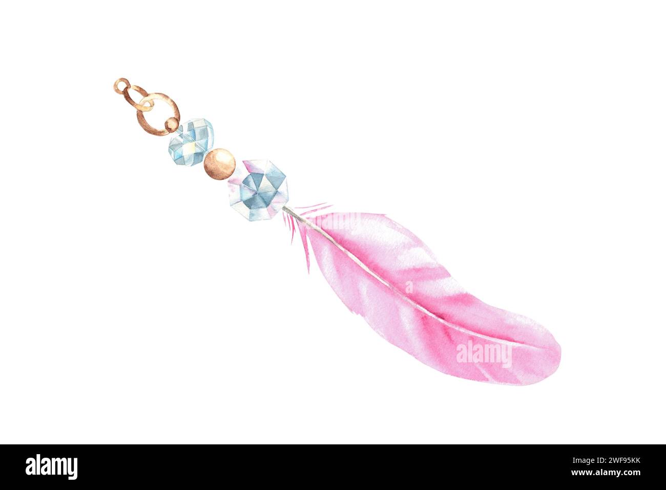 Watercolor composition from pale pink feather and glass beads isolated ...