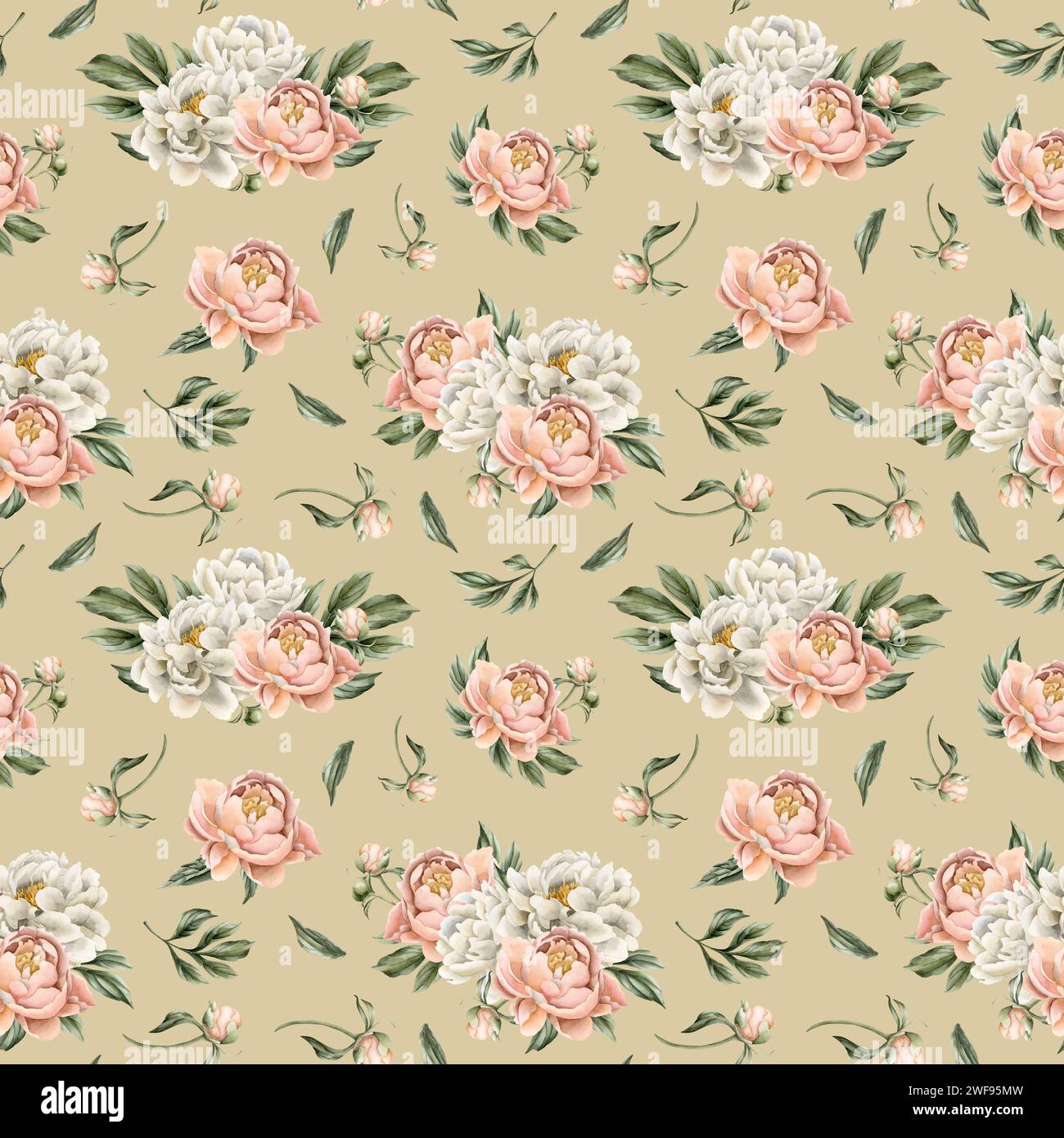 Floral watercolor seamless pattern with white and peach fuzz peony ...