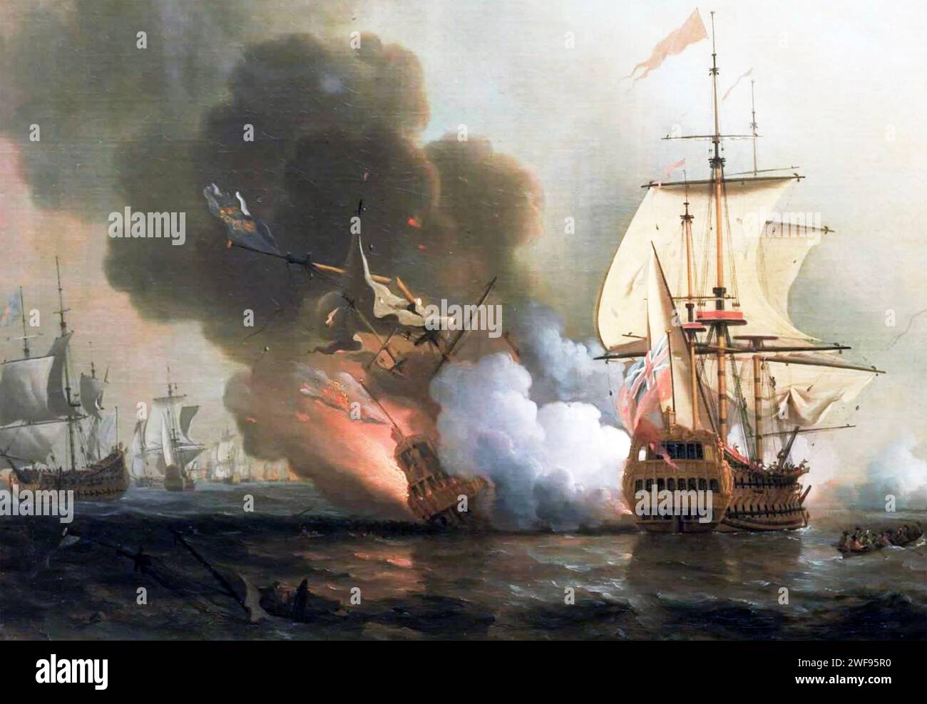 SAN JOSÉ  The Spanish treasure galleon explodes on 8 June 1708  after an encounter with Royal Navy ships under Captain Charles Wagner  south of Cartagena, Columbia. Near contemporary painting by Samuel Scott. Stock Photo