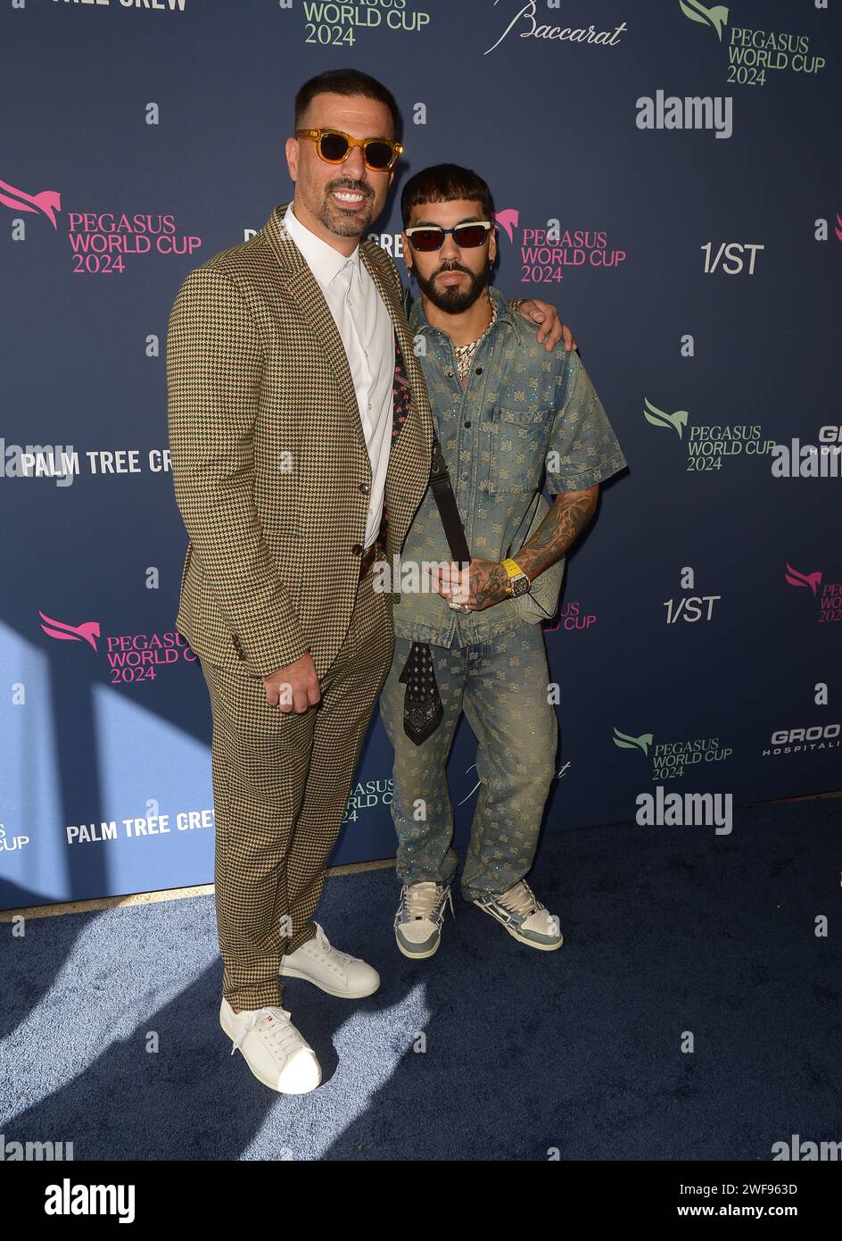 Hallandale, USA. 27th Jan, 2024. HALLANDALE, FLORIDA - JANUARY 27: Kirk Taboada and Anuel AA attend the 2024 Pegasus World Cup Presented By Baccarat at Gulfstream Park on January 27, 2024 in Hallandale, Florida. (Photo by JL/Sipa USA) Credit: Sipa USA/Alamy Live News Stock Photo