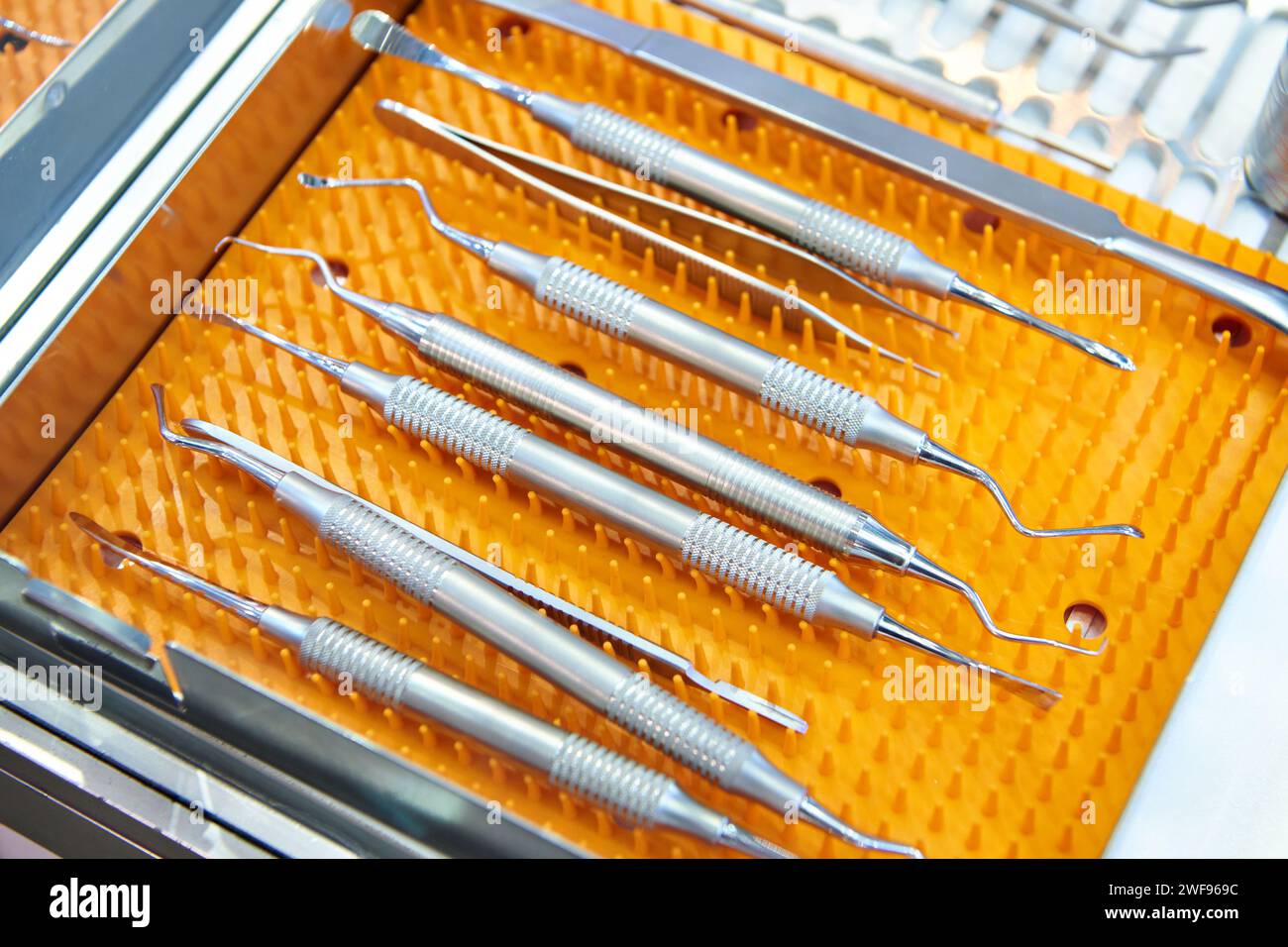 Dental instruments, universal curettes, tweezers. Paradontology Stock