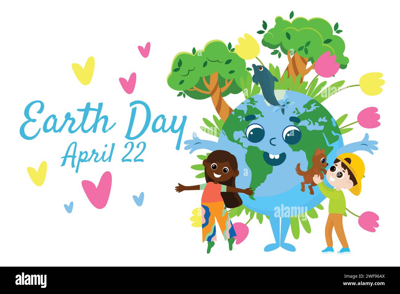 Earth Day postcard. The person Earth with a cheerful face smiles joyfully, and next to her are cheerful children, a dog and a dolphin. Near the Planet Stock Vector