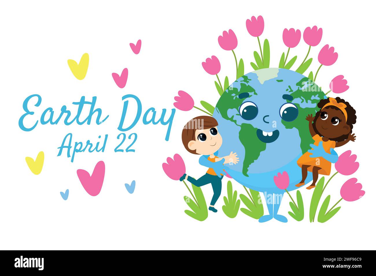 Earth Day postcard. The earth with a cheerful face embraces an international boy and girl, and from it grow plants, flowers. Stock Vector