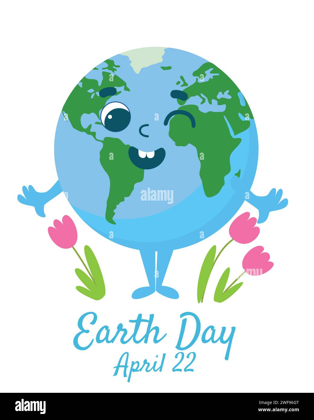 Earth Day greeting card. Planet Earth with a cheerful face is smiling joyfully with tulip flowers next to it. Illustration cartoon style isolated. Stock Vector