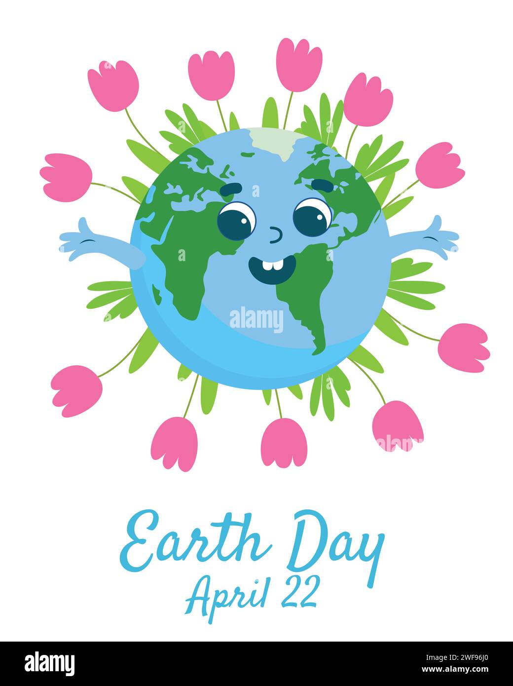 Earth Day greeting card. Planet Earth with a cheerful face is smiling joyfully with tulip flowers next to it. Stock Vector