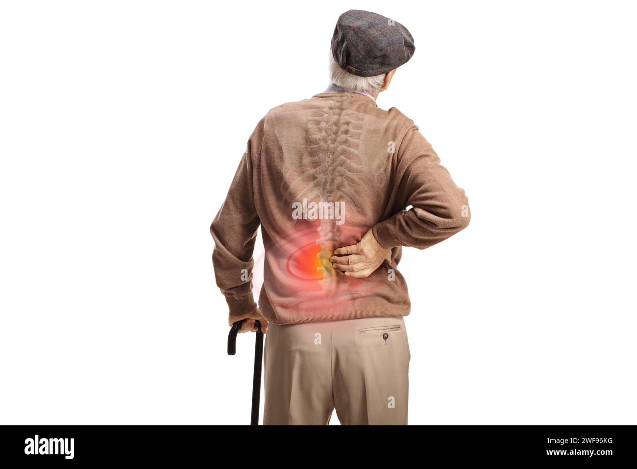 Rear view shot of an older man with a cane holding his painful back ...