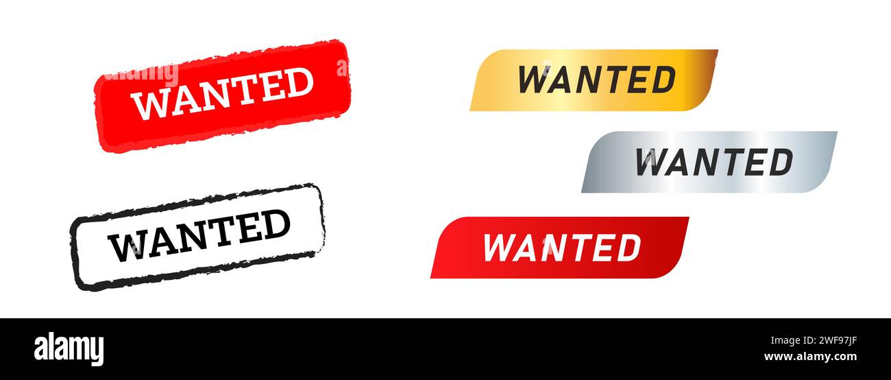 wanted text red black gold and silver ribbon sticker label rubber stamp sign Stock Vector