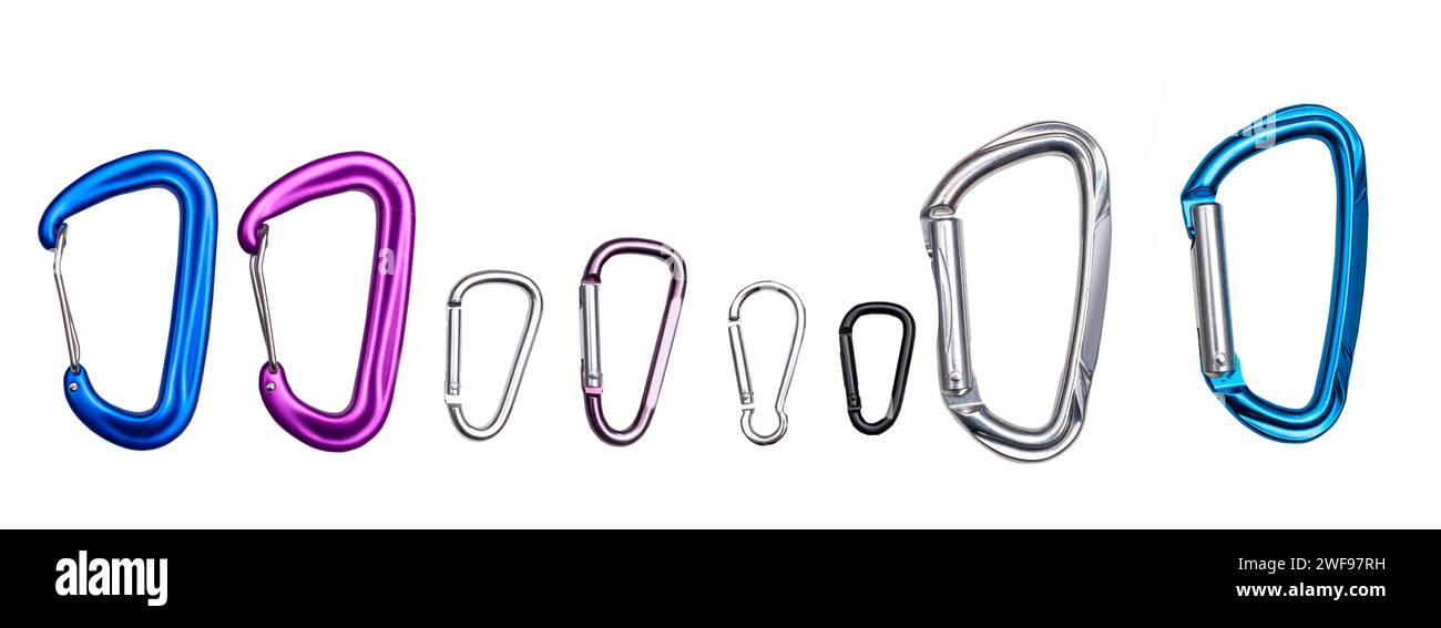 climbing carabiners isolated on white background Stock Photo - Alamy