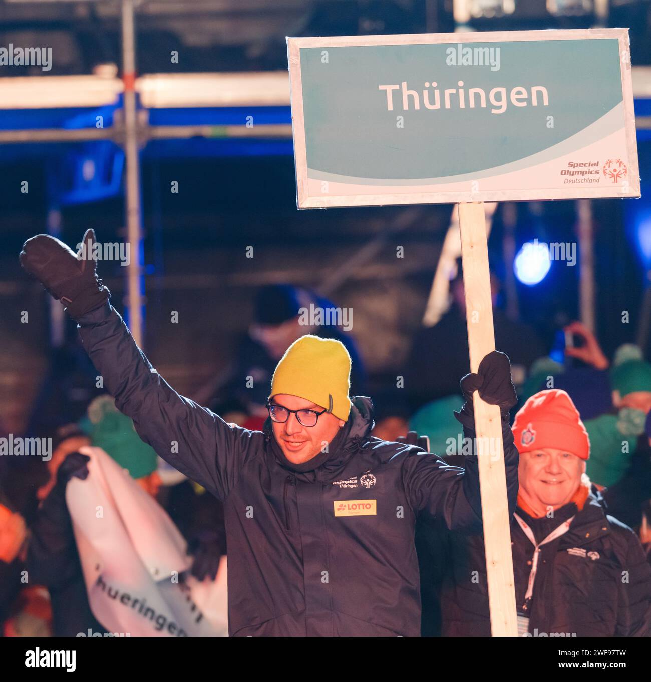 Oberhof, Germany. 29th Jan, 2024. Shield bearers walk through the
