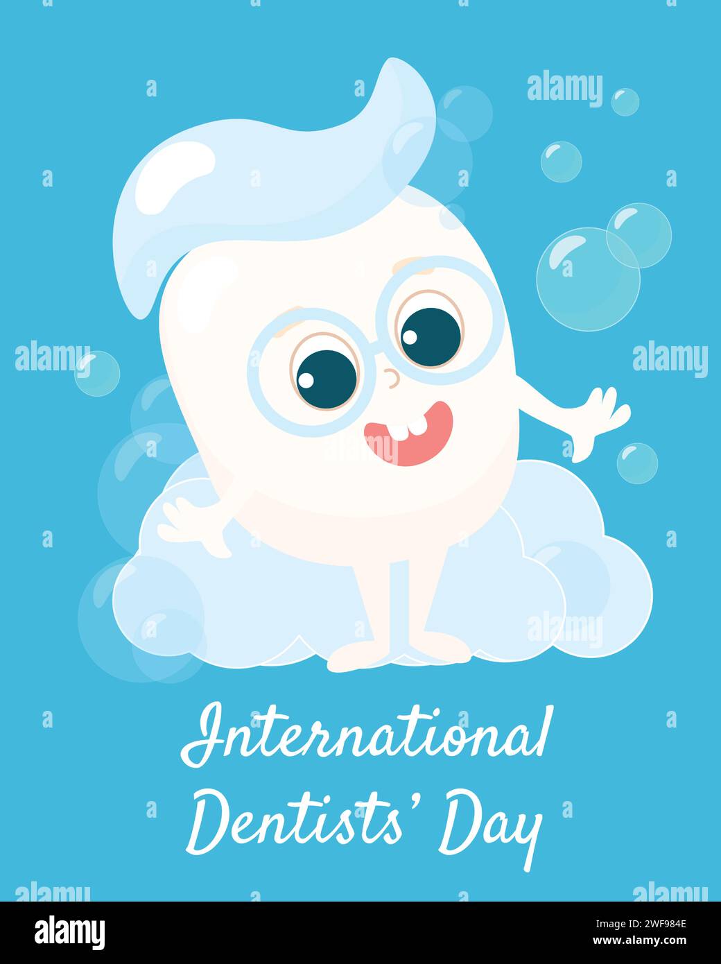 Greeting card for the International Day of the Dentist. Little healthy baby tooth with toothpaste on top in soap bubbles. Tooth smiles happily. Stock Vector