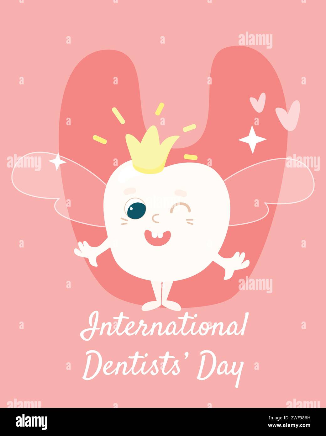 Greeting card for the International Day of the Dentist. Funny tooth fairy in the form of a tooth with a crown and wings. Character design. Stock Vector