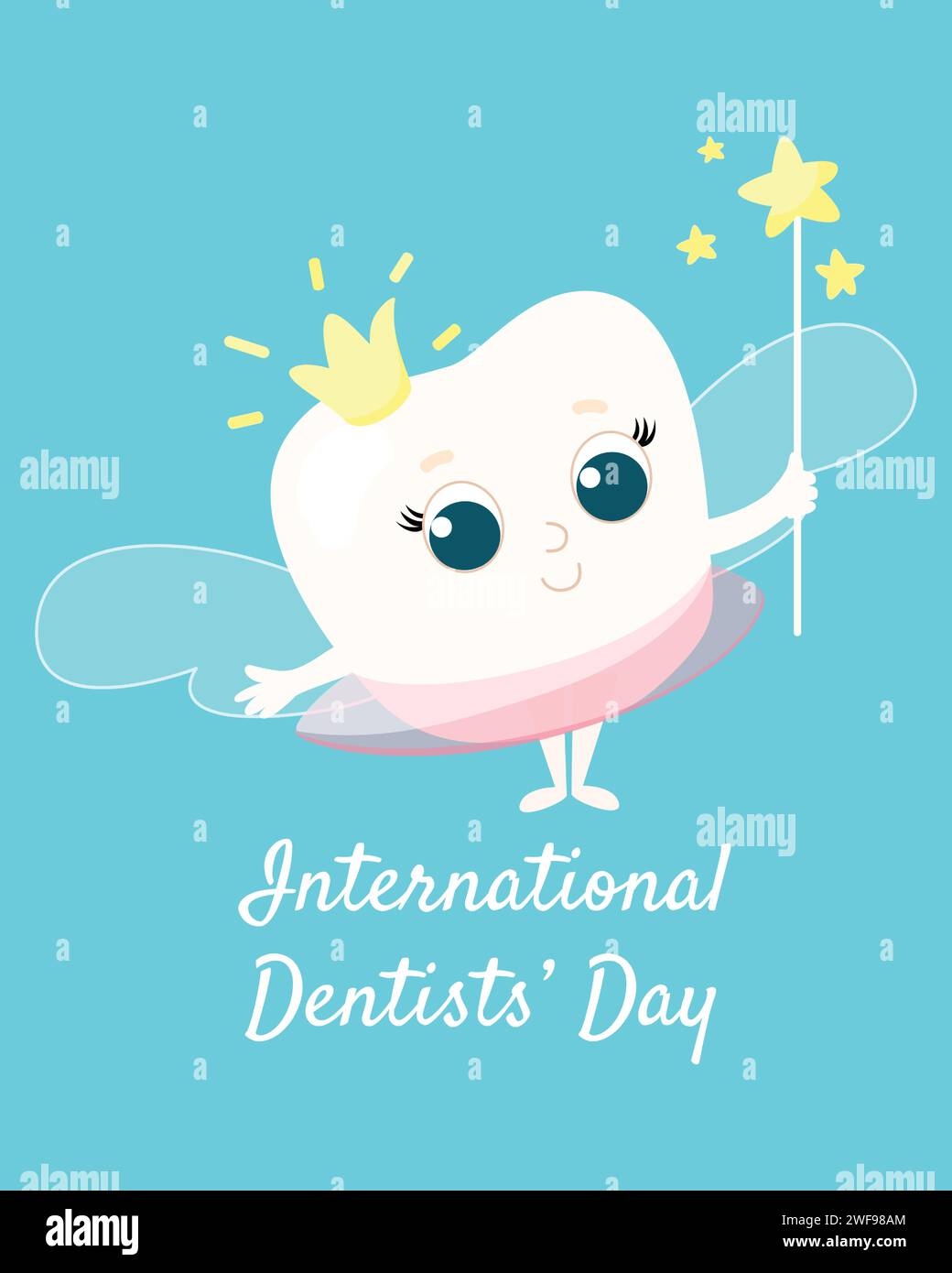 Greeting card for the International Day of the Dentist. Tooth fairy in the form of a tooth with a crown and wings. Stock Vector