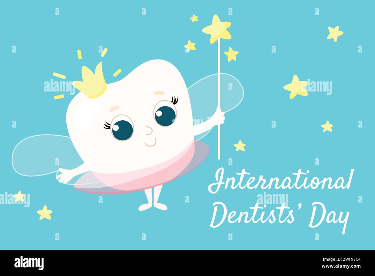 Dentist's Day greeting card. A very cute tooth with wings, a crown and a magic wand.  Tooth Fairy. Stock Vector