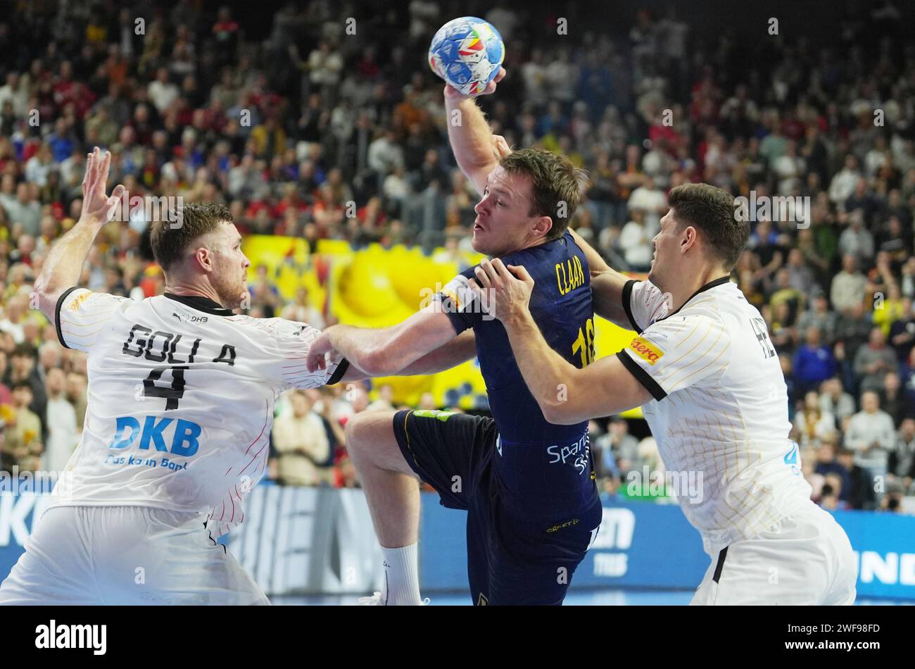 Felix Claar of Sweden and Johannes Golla of Germany during the Men's EHF Euro 2024, Placement Match 3/4, handball match between Sweden and Germany on January 28, 2024 at Lanxess-Arena in Cologne, Germany Stock Photo