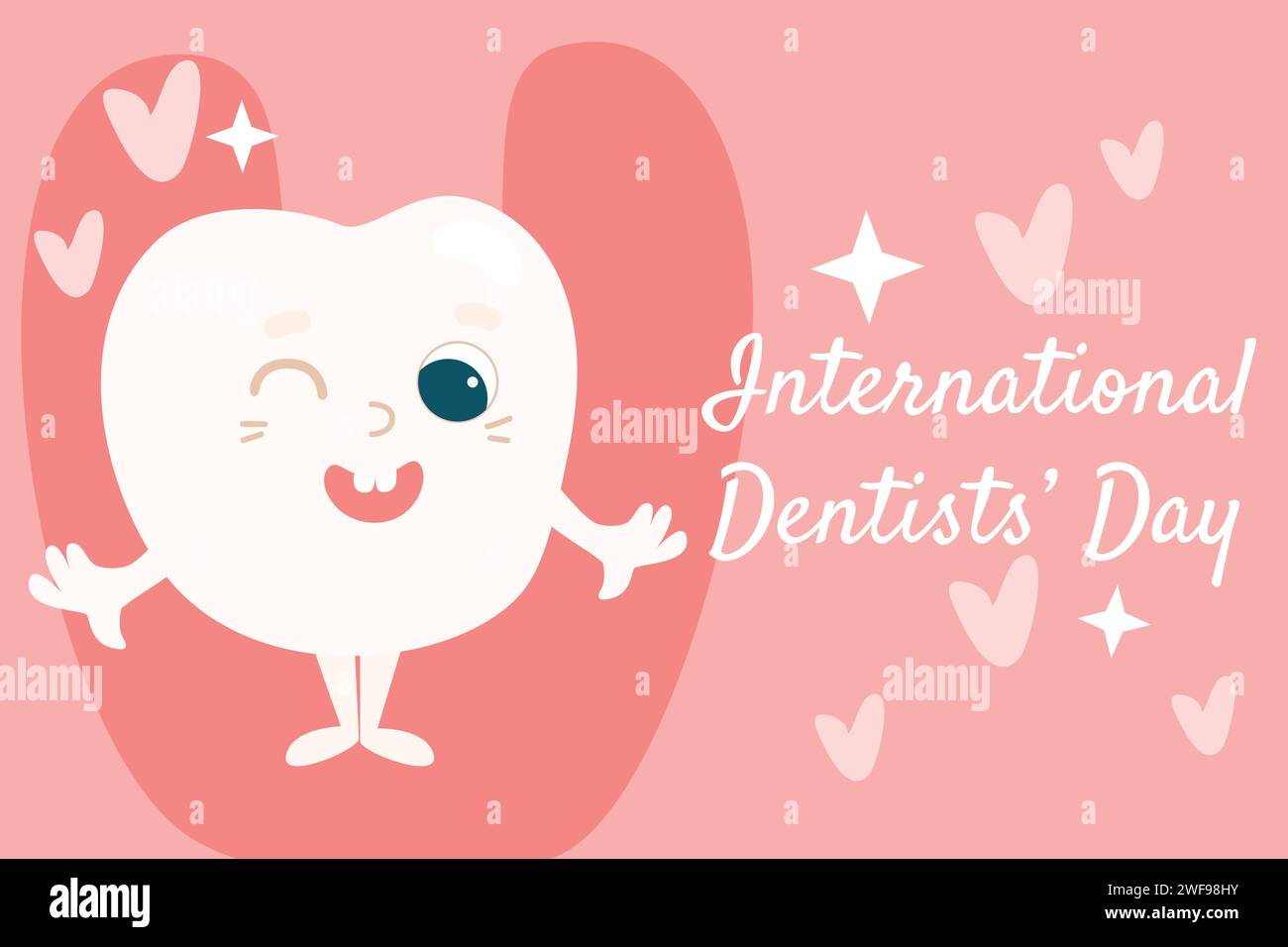 Dentist's Day greeting card. A cute little tooth with glasses and a happy smiling face. Stock Vector
