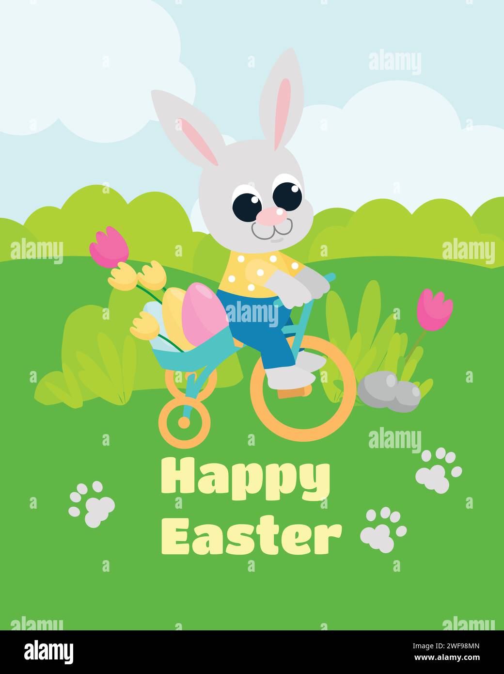 Easter card. Easter spring illustration of a cute bunny on a bicycle. Bunny in cartoon style. Stock Vector