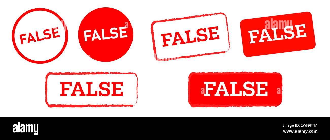 False circle and square shape red stamp label fake wrong incorrect disagree falsehood sign Stock Vector