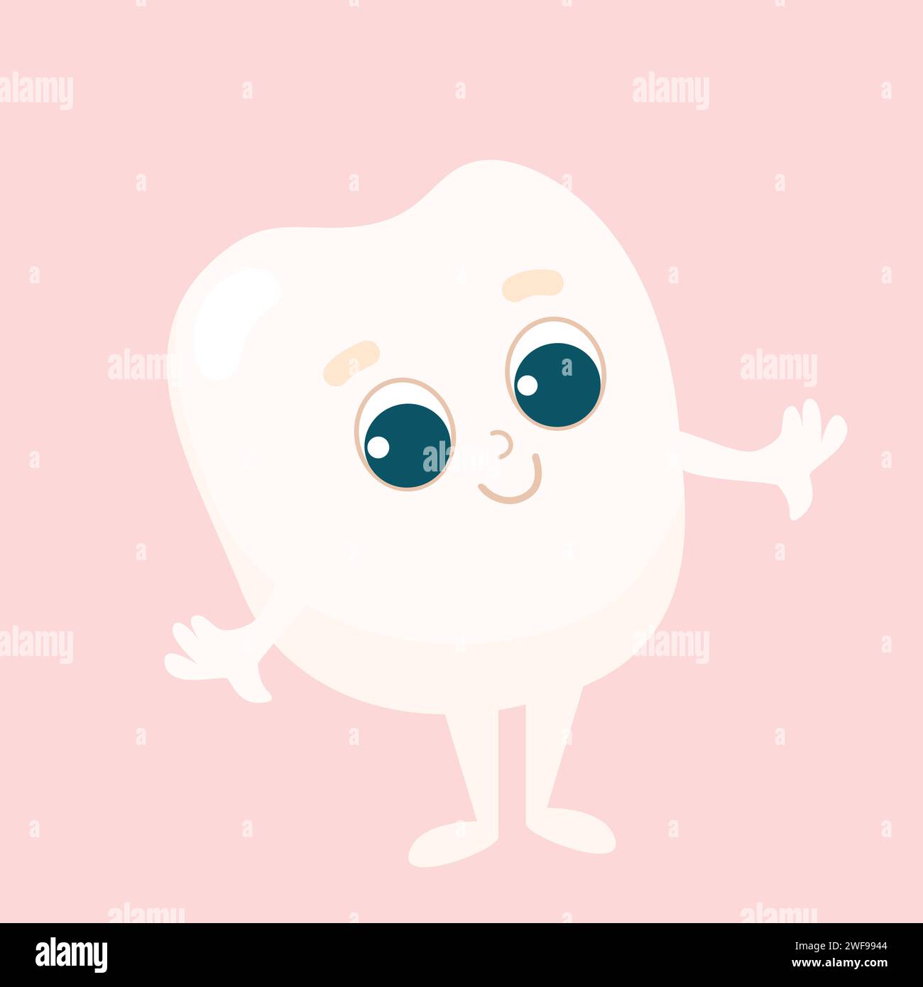 A cute little tooth with glasses and a happy smiling face. The baby has arms and legs. A positive character for the day of the dentist and children's Stock Vector
