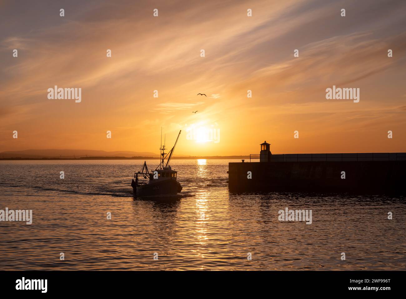 Burghead, Moray, UK. 29th Jan, 2024. This is a Fishing Boat arriving home at sunset with the catch for the day. This is at the entrance to Burghead Harbour. Credit: JASPERIMAGE/Alamy Live News Stock Photo