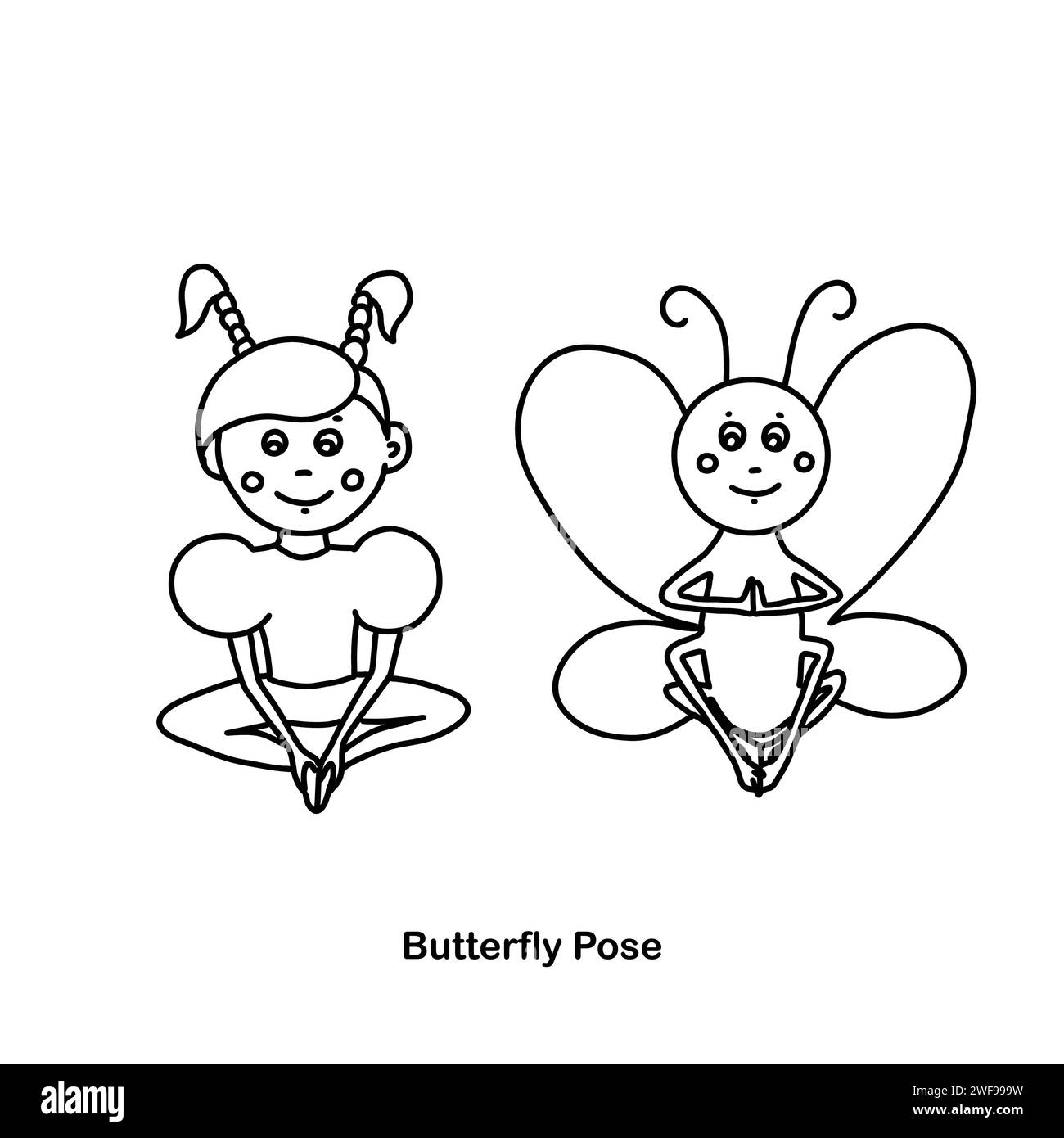 Kids yoga butterfly pose. Vector cartoon illustration Stock Vector