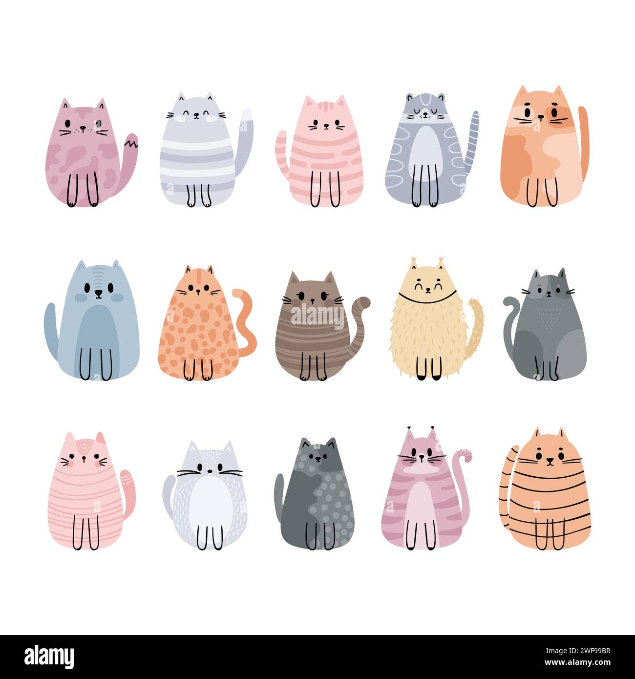 Collection of cute stylized cartoon cats. Funny animals. Adorable characters. Vector illustration Stock Photo