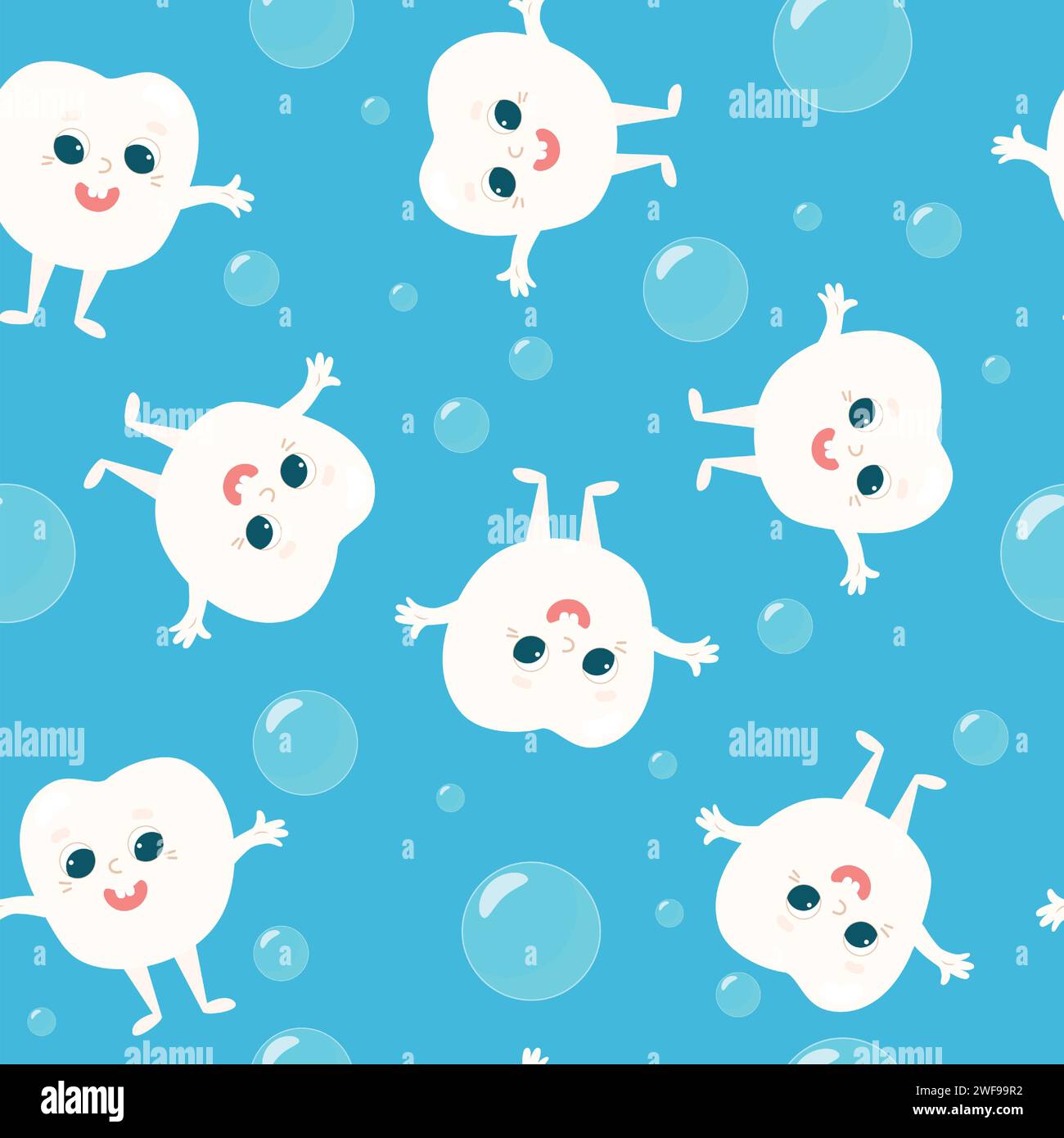 Seamless pattern of wonderful healthy happy baby tooth together with soap bubbles on blue background. A pattern for textiles. Stock Vector