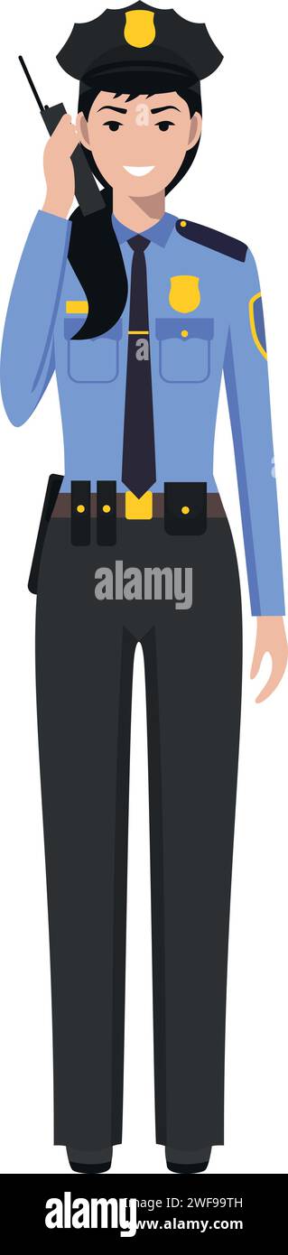 Standing American Policewoman Officer with Walkie-Talkie in Traditional Uniform Character Icon in Flat Style. Stock Vector