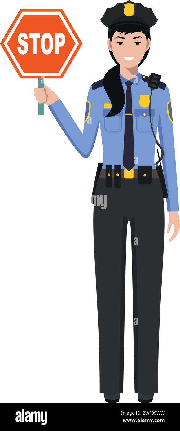 Standing American Policewoman Officer with Warning Sign Stop in Traditional Uniform Character Icon in Flat Style. Stock Vector
