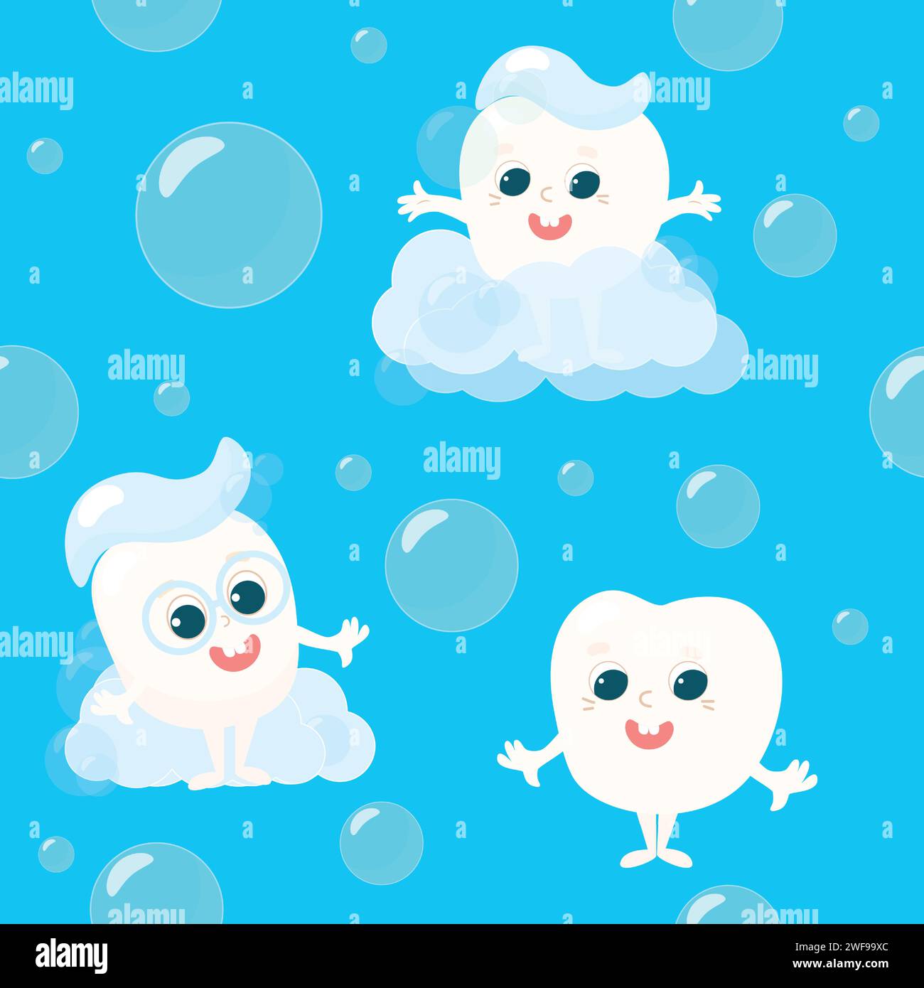 Seamless pattern of healthy happy baby teeth with toothpaste on head and in soap bubbles on blue background. A pattern for textiles and for the Intern Stock Vector