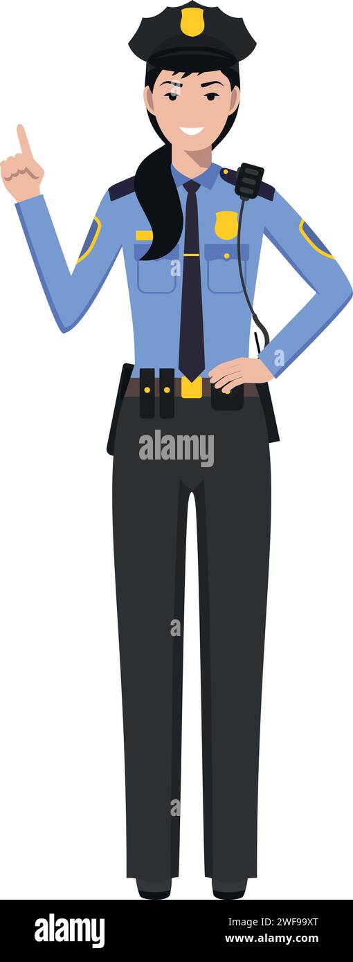 Standing American Policewoman Officer in Traditional Uniform Character Icon in Flat Style. Stock Vector