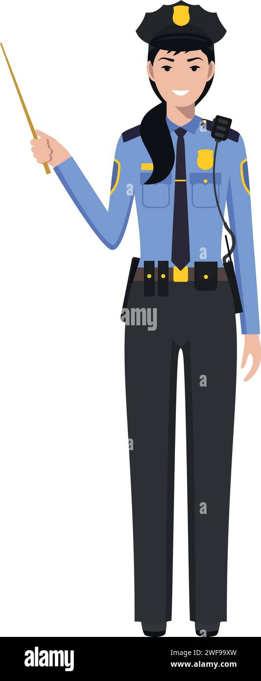 Standing American Policewoman Officer with Wooden Pointer Stick in Traditional Uniform Character Icon in Flat Style. Stock Vector