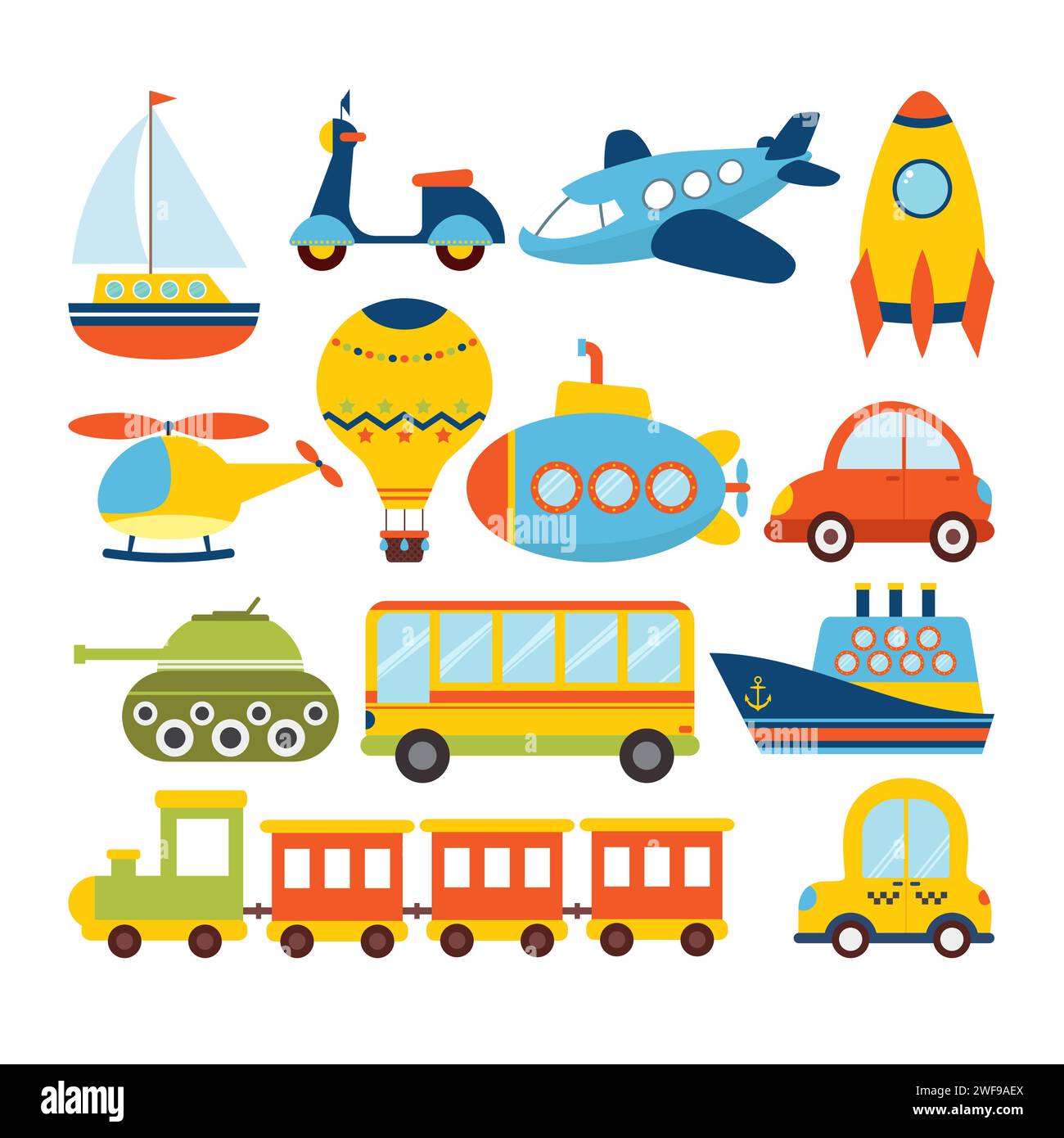 Set of cartoon transport. Transportation theme. Vector illustration Stock Vector